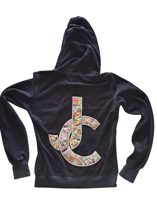 Juicy Couture Jackets & Blazers - Y2K Juicy Couture Black Velour Hoodie Sunflower Embroidered Logo Womens Size XS